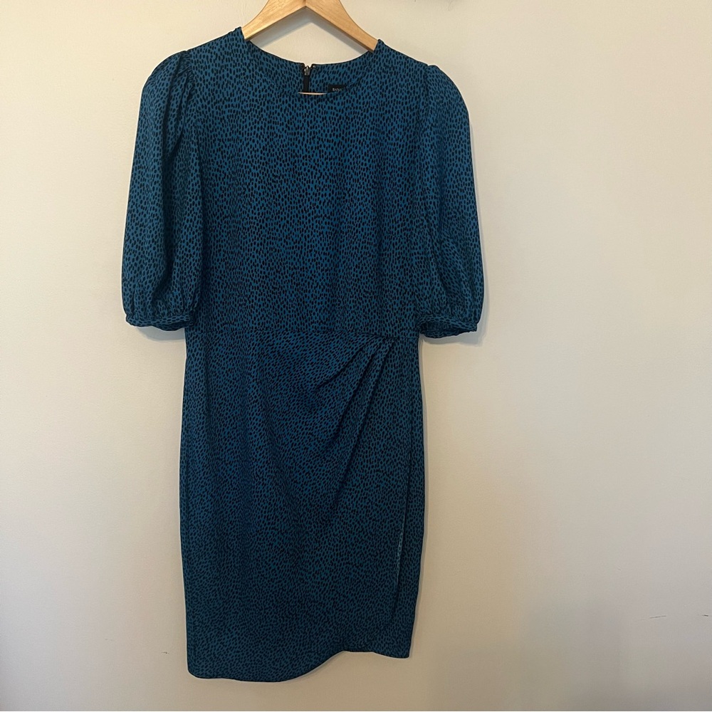 Banana Republic Blue Animal Print Puff Sleeve Ruched Sheath Dress Size 10